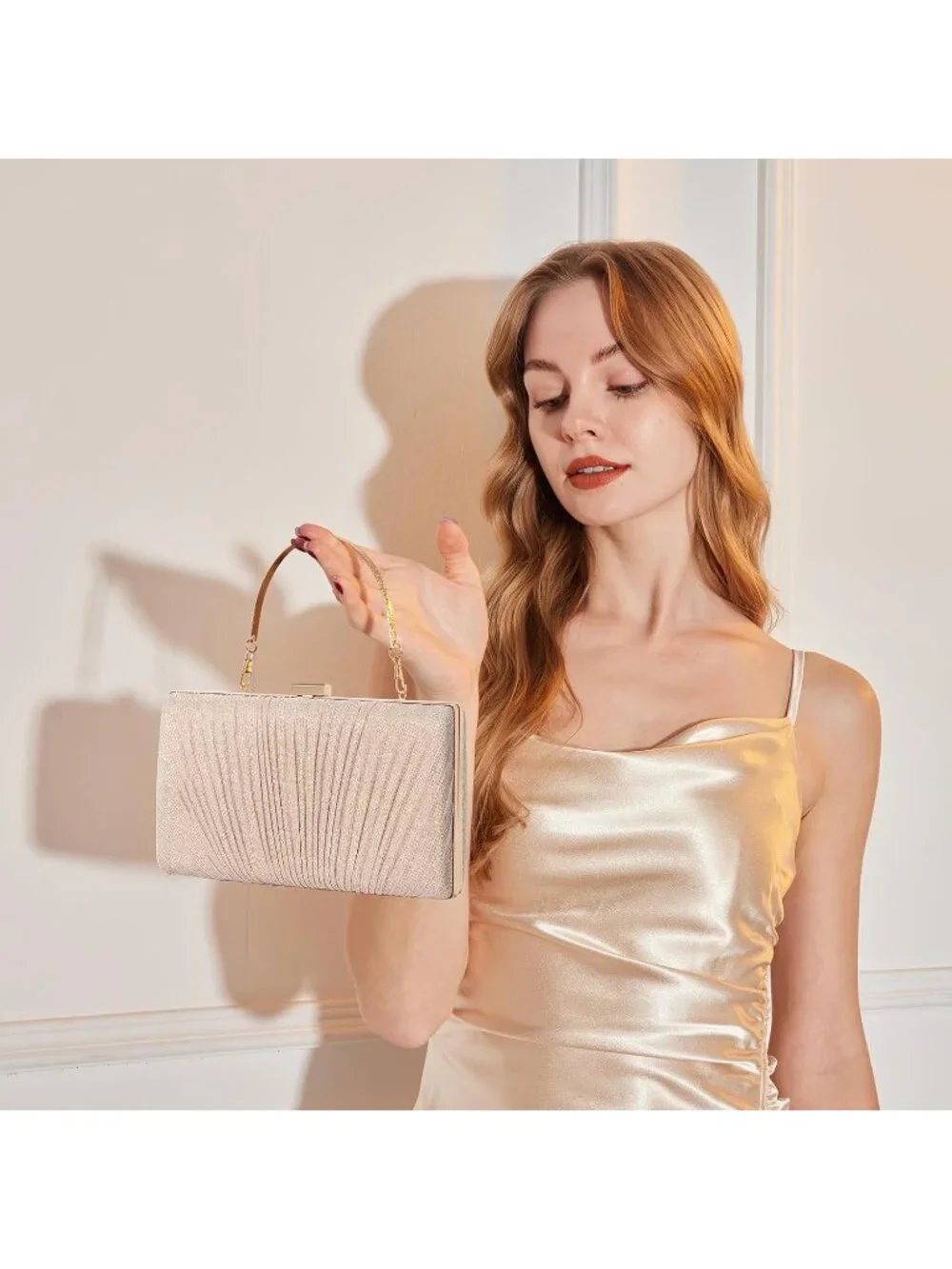 Women's Champagne Pleated Evening Handbag with Chain Prom Classic Clutch Purses